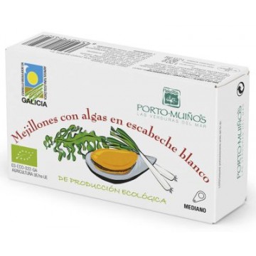 MEJILLONES CON ALGAS BIO EN ESCABECHE BLANCO LATA 95G PORTOMUINOS
